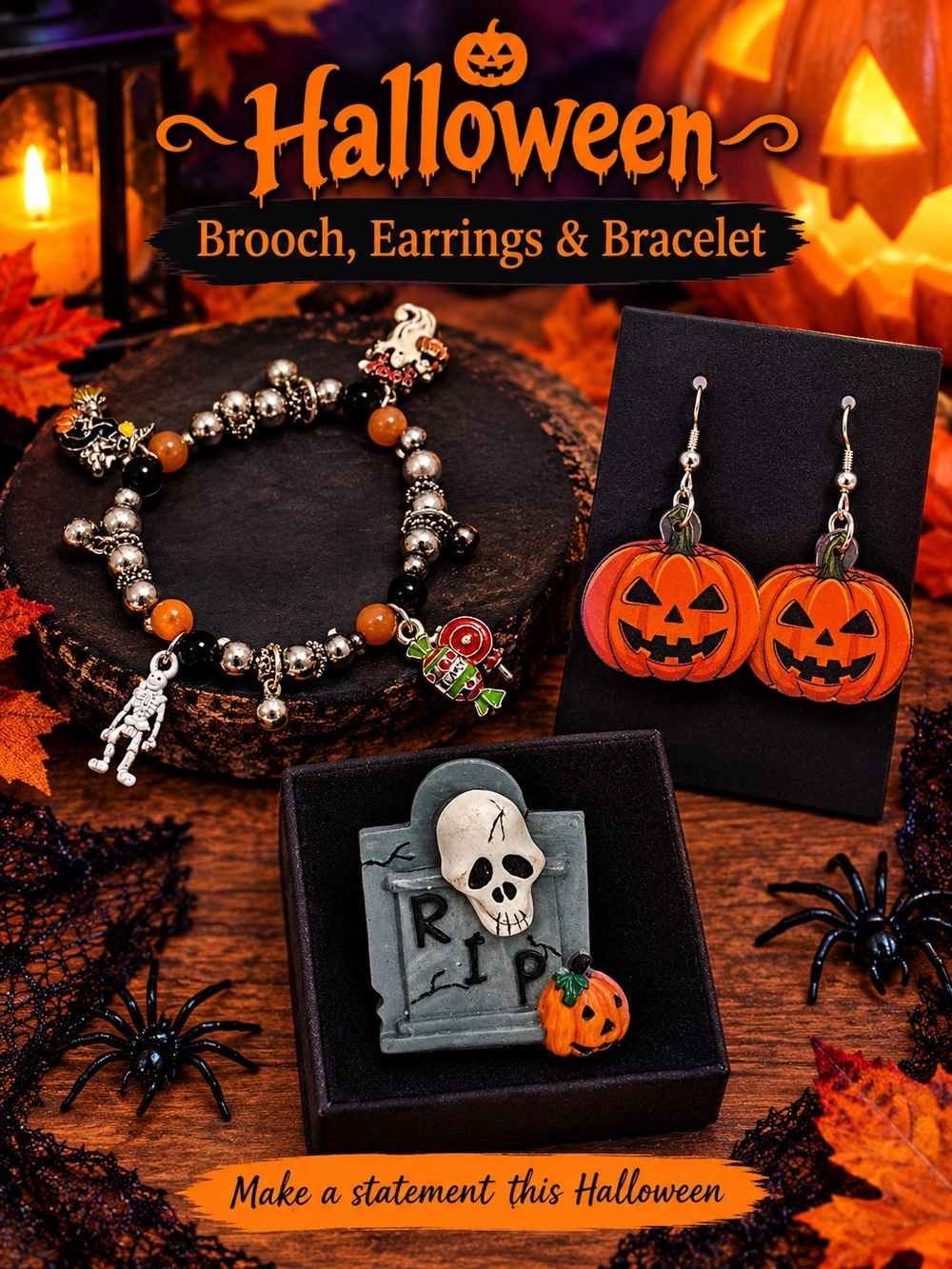 🎃 Halloween Brooch, Earrings & Charm Bracelet - Silver Tone & Orange